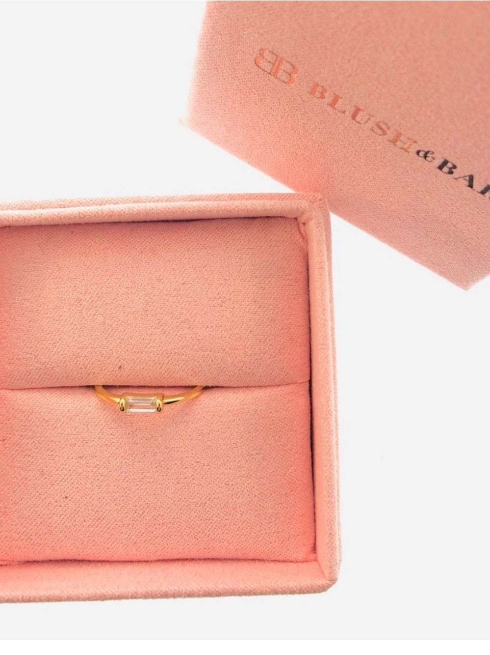 Gold over 925 Baguette Ring in Peach Pink Blush & Bar